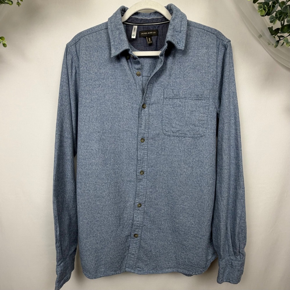 Silver Jeans Co Mens Blue Heathered Cotton Long Sleeve Button Down Shirt Size M